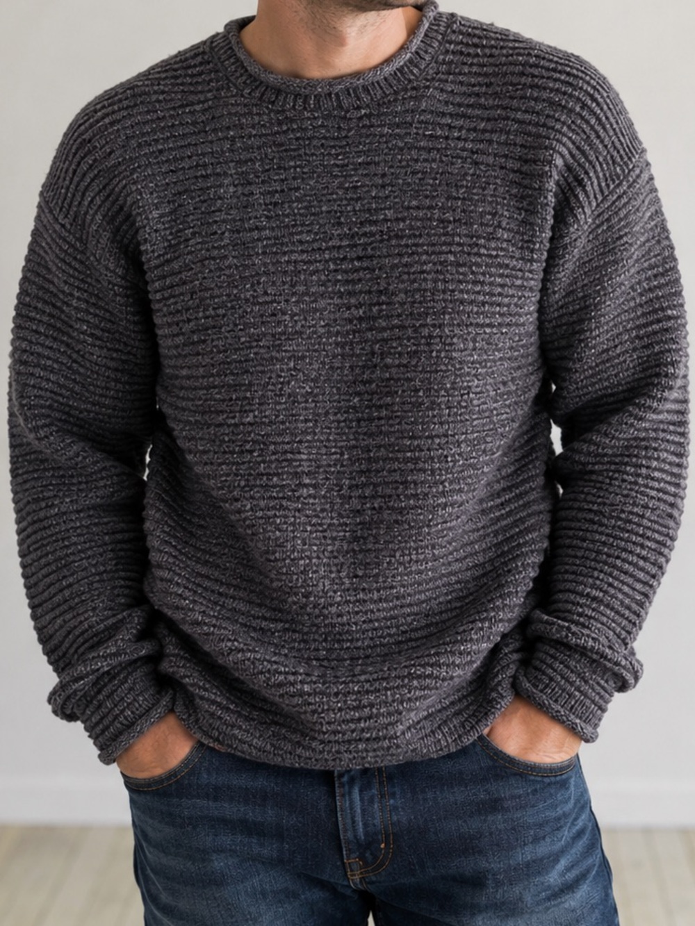 Vtg Paul James 100% Pure Wool Grey Textured Chunky Knit Sweater Made in England